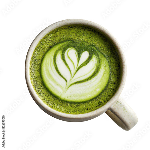 A vibrant cup of matcha tea with intricate latte art design. or transparent background