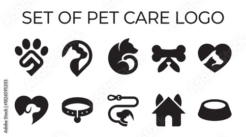 Modern minimalist black vector pet care logo and icon collection for dog, cat, and animal businesses, including heart symbols.