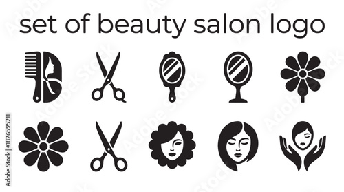 Comprehensive beauty salon logo set with minimalist flat vector icons for hair and spa businesses, offering modern design solutions.