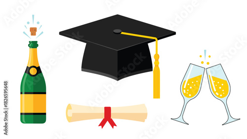 A champagne toast and future dream with academic cap and diploma, perfect for invitations