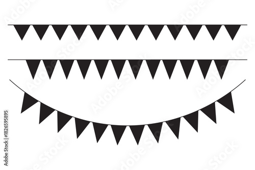 Festive bunting flags and celebration party. A simple black and white illustration of festive party bunting flags. Carnival garland, Bunting flags banner, birthday party decoration. 