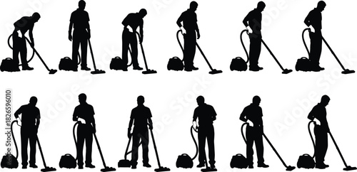 Vacuuming silhouette set, cleaning posture icons, black vector illustrations, household chore motion sequence, ergonomic activity design bundle