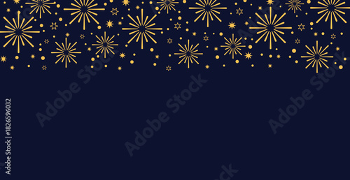Elegant horizontal banner featuring seamless borders of golden starbursts and stars along the top and bottom. The festive pattern is set against a dark navy blue background, ideal for New Year, luxury