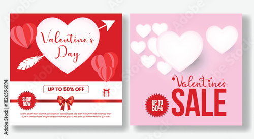 Minimal Valentine’s Day promotional party template collection featuring 3D hearts, elegant social media post designs, square flyer, poster and romantic web banner for digital marketing