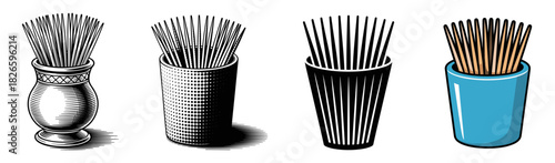 toothpick holder set vector illustrations with silhouette, outline, color and engraved vintage