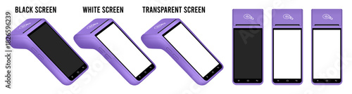 POS Terminal with black, white and transparent screen. Mockup of a purple wireless terminals. NFC payment machine. Credit cards are accepted here. Payments device. Banking equipment