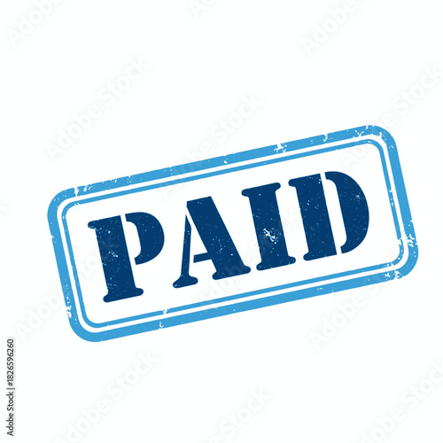 A blue grunge-style rectangular stamp with the word PAID in capital letters, tilted on a white background, signifying a completed financial transaction.