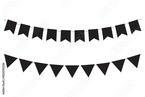 Festive bunting flags and celebration party. A simple black and white illustration of festive party bunting flags. Carnival garland, Bunting flags banner, birthday party decoration. 