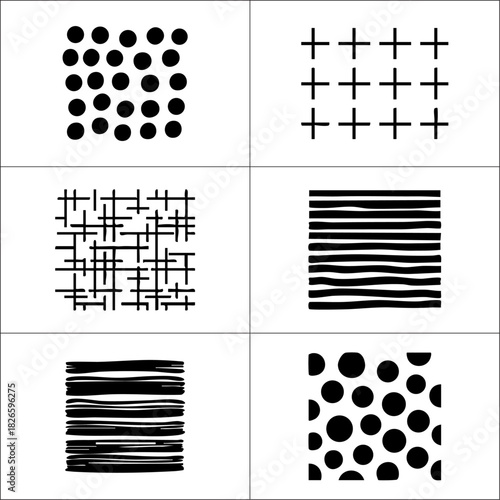Six black and white patterns arranged in a grid featuring circles crosses lines and mixed lines
