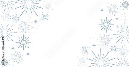 Horizontal winter banner header featuring a seamless pattern of light blue starbursts, fireworks, and scattered dots on a white background. This cool-toned, festive design offers excellent copy space 
