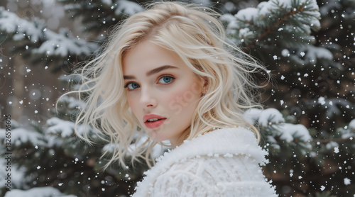 Portrait of a blonde woman with blue eyes in a snowy winter forest. Holiday beauty and makeup concept for christmas and new year