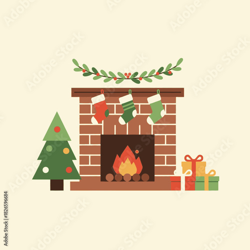 A festive Christmas scene with a fireplace, stockings, tree, and presents, in a flat design style.