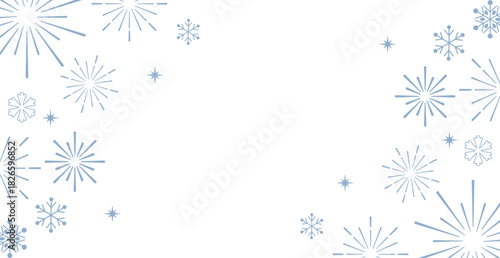 Horizontal winter banner header featuring a seamless pattern of light blue starbursts, fireworks, and scattered dots on a white background. This cool-toned, festive design offers excellent copy space 