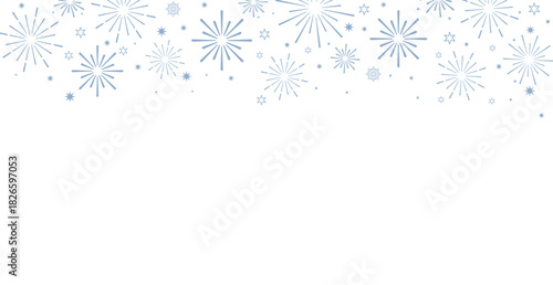 Horizontal winter banner header featuring a seamless pattern of light blue starbursts, fireworks, and scattered dots on a white background. This cool-toned, festive design offers excellent copy space 