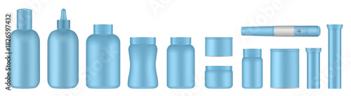 Set of medical pill bottles. Light blue jar with lid. Plastic medicine container. 3d mockup of a packaging for pharmacy. Effervescent tablet tubes, insulin pen