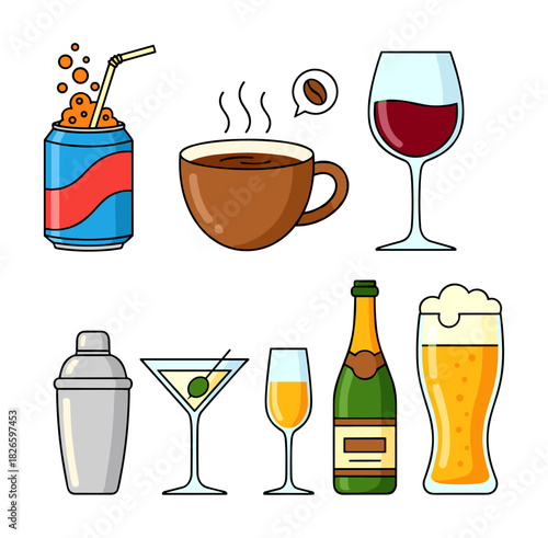 Refreshing drinks and alcoholic beverages vector icon set