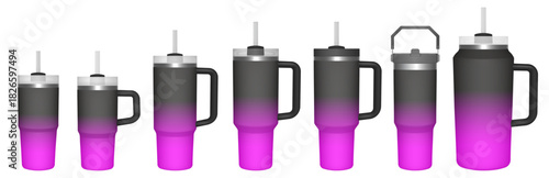 Thermo cup with handle and straw. 14, 30, 40, 64 oz. Travel thermos. Set of black and pink gradient mugs. Tumbler or quencher