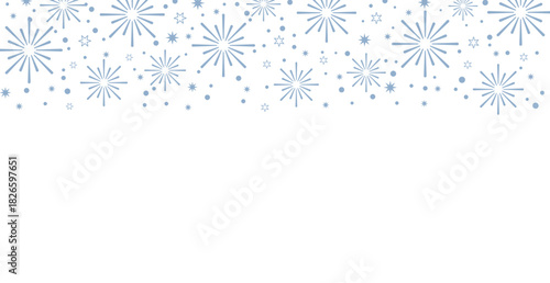 Horizontal winter banner header featuring a seamless pattern of light blue starbursts, fireworks, and scattered dots on a white background. This cool-toned, festive design offers excellent copy space 