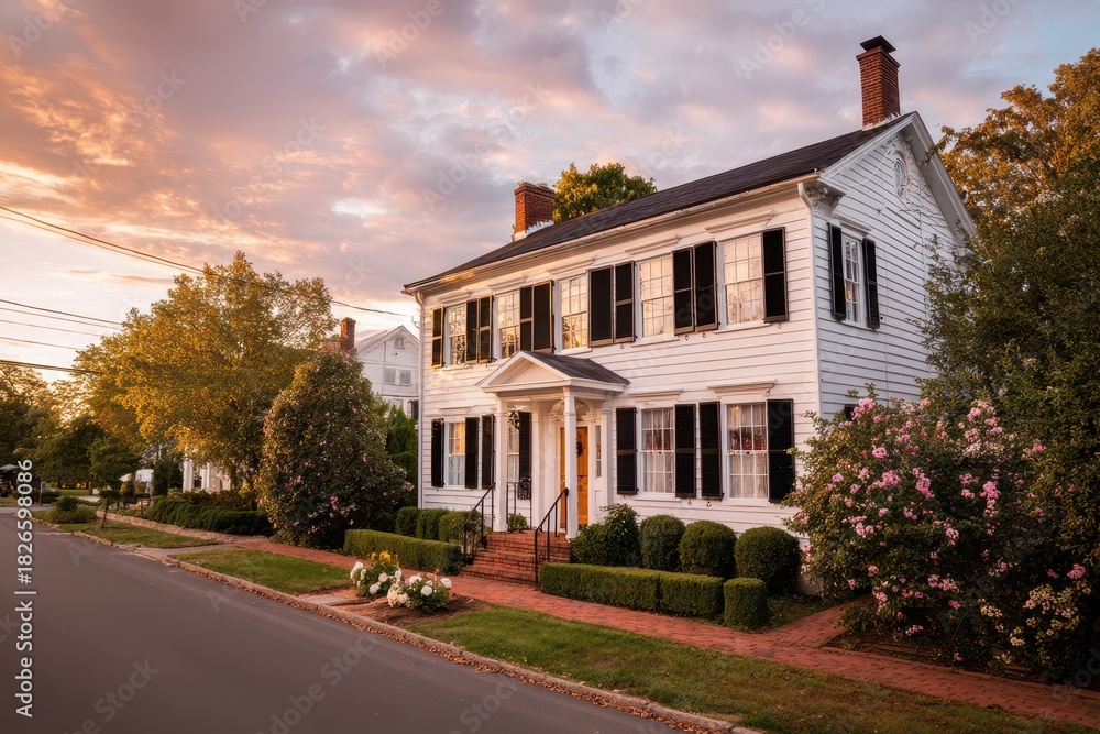 Obraz premium White clapboard colonial home at golden hour with long shadows