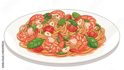 Delicious shrimp scampi pasta with fresh basil and cherry tomatoes ready to enjoy for a satisfying and flavorful meal experience