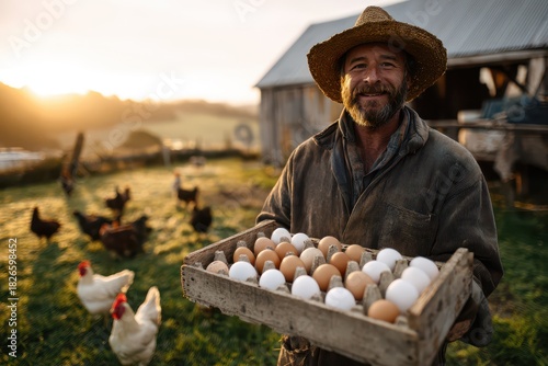 Wholesome farm produce: organic eggs held by a farmer in the countryside