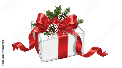 Festive gift wrapped in white paper with vibrant red ribbon and a pine cone holiday decoration for a cheerful Christmas celebration