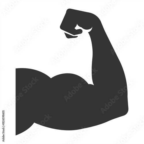 A graphic illustration of a muscular arm flexing, depicted in a solid dark gray against a white background