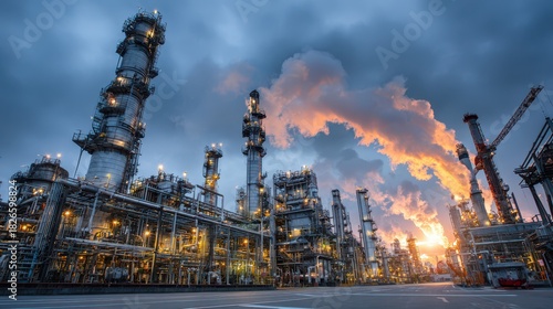 Wide-angle photograph of an oil and gas refinery with towers, pipelines, and storage tanks at dawn