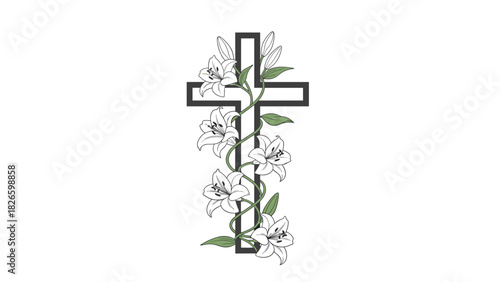 Elegant floral cross design with lilies for Easter and religious events creating a feeling of peace and hope, perfect for invitations