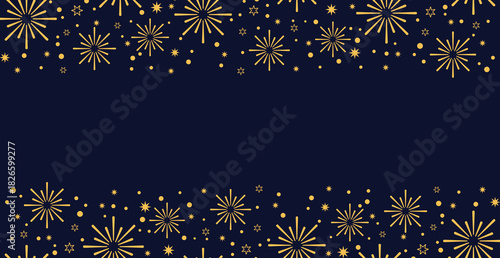 Elegant horizontal banner featuring seamless borders of golden starbursts and stars along the top and bottom. The festive pattern is set against a dark navy blue background, ideal for New Year, luxury