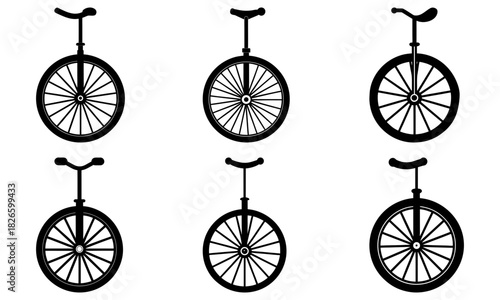 Unicycle lineup shows balance, skill, and fun for circus acts, sporty kids, and clowns in a minimalist design that captures simple joy and balance