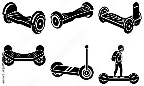 Electric mobility icons showcasing modern transportation options, personal vehicle designs, and innovative scooter technology for a sustainable future