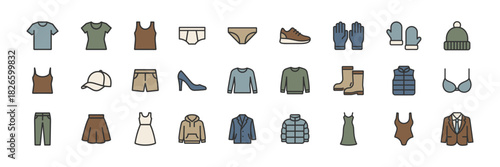 Featuring various types of colorful clothing and accessories, ideal for fashion apps, websites, and infographics. Flat vector icon set