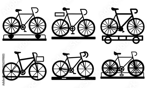 Dynamic silhouettes of bicycles on tracks convey progress, movement, and eco friendly transport, suitable for logos and design elements about cycling