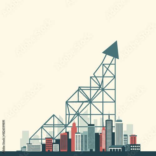 A stylized illustration depicting urban growth and development with a rising arrow structure over a city skyline.