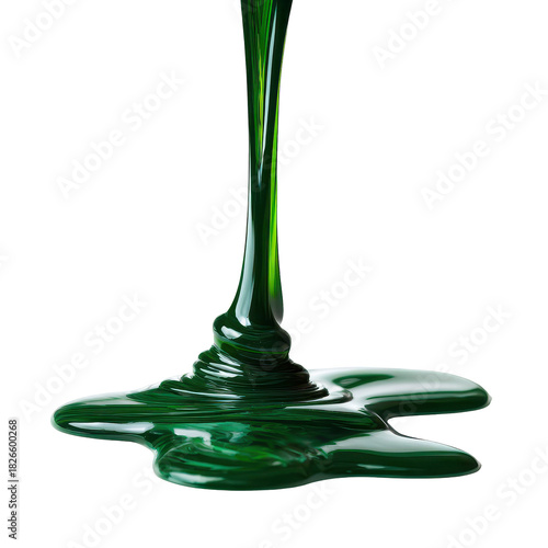 Viscous green liquid oozing with a glossy surface texture. or transparent background