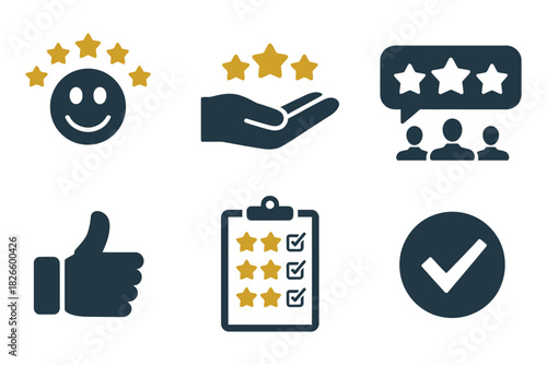 Icons for customer satisfaction, reviews, and feedback, including 5 star ratings, hand gestures, checklists, and group reviews graphics, perfect for app ui, website interfaces, digital marketing
