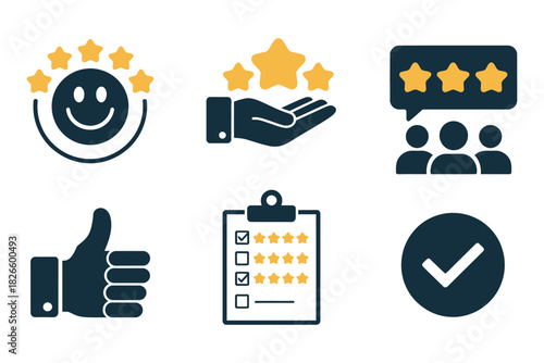 Icons for customer satisfaction, reviews, and feedback, including 5 star ratings, hand gestures, checklists, and group reviews graphics, perfect for app ui, website interfaces, digital marketing