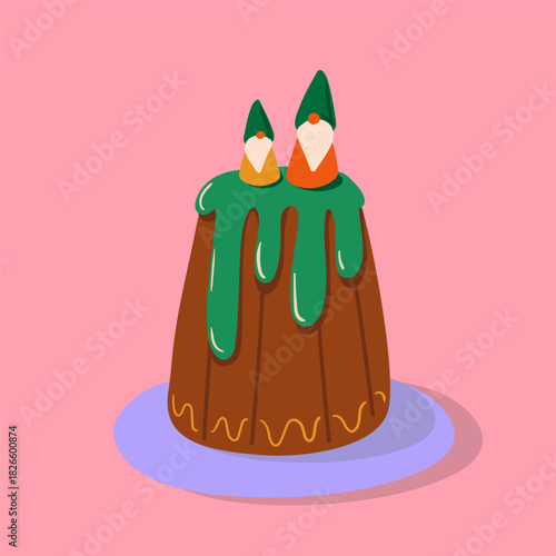 Christmas cake with cute gnomes. Playful holiday dessert in vector illustration.