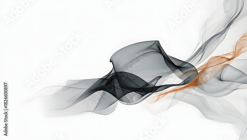 Minimalistic abstract representation of smoke in graceful grey and orange hues flowing elegantly across a white background