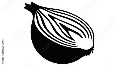 Black and white illustration of a halved onion showing layers