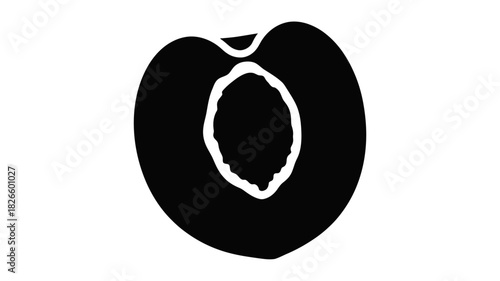 Stylized black and white silhouette of a plum cut in half