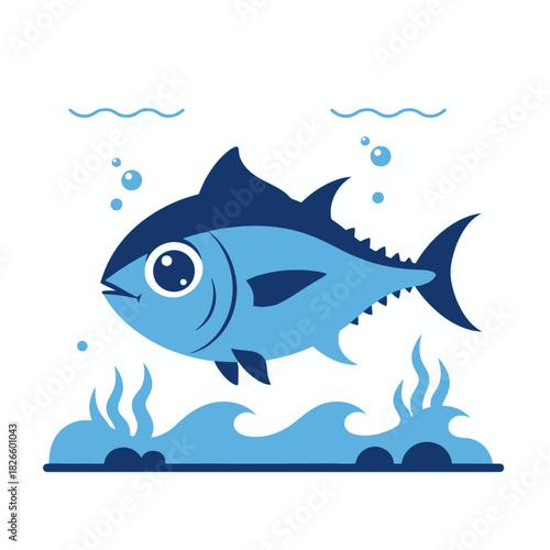 Cute blue cartoon fish swimming underwater with bubbles and seaweed.
