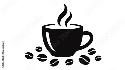 Steaming coffee cup with roasted coffee beans