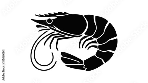 Stylized black and white silhouette of a shrimp