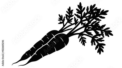 Black and white silhouette of two carrots with green tops