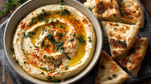 creamy hummus swirled beautifully, topped with olive oil, paprika, parsley, served with sliced warm pita bread