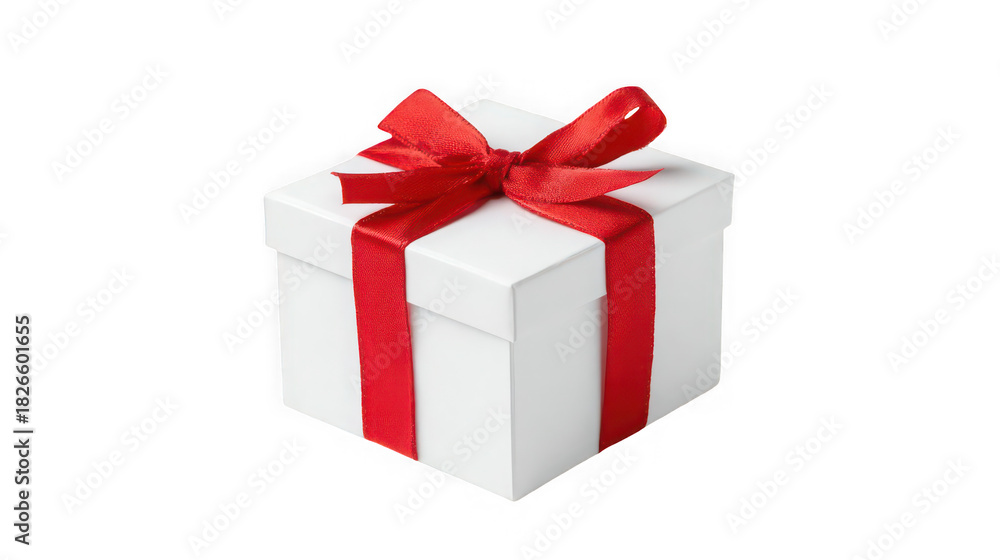 Fototapeta premium A white gift box with a red ribbon isolated on transparent background