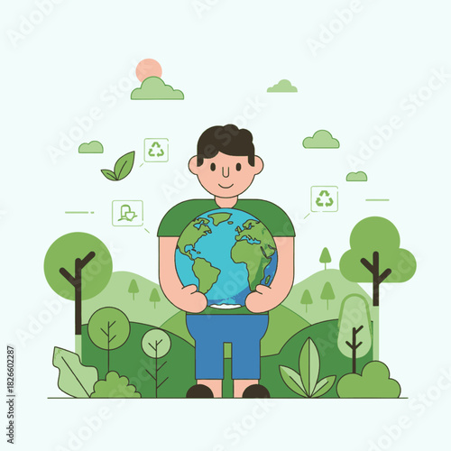 A person holding the Earth in a lush green environment with trees and recycling symbols, symbolizing environmental care and sustainability.