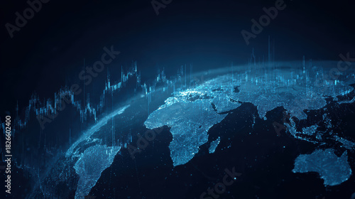 Serious digital world globe with finance data chart overlay. futuristic concept of global economy, market, and technology analysis